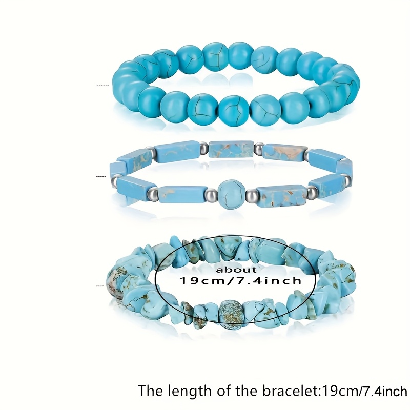 3pcs Turquoise Beaded Bracelets Bohemian Style Elastic Jewelry